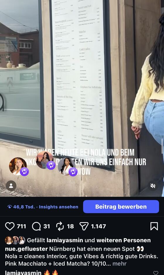 Instagram insights showing 46.8 thousand views for a café video